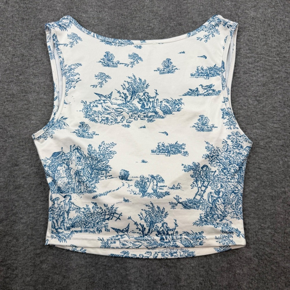 Omonsim‎ Tank Top Womens Small Blue White Toile De Jouy Ruched Crop Top - Picture 5 of 5